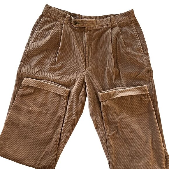 Tommy Hilfiger Corduroy Pants Mens 38x32‎ Brown Tan Pleated Straight Leg Cuffed - Picture 1 of 10